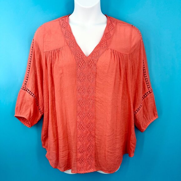 NWT JOHN PAUL RICHARD WOMAN CORAL ORANGE BOHO 3/4 SLEEVE CROCHET TRIM TOP 1X - Picture 1 of 6